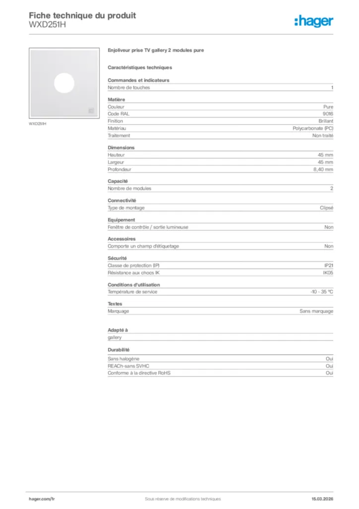 Image Hager Fiche technique du produit WXD251H | Hager France