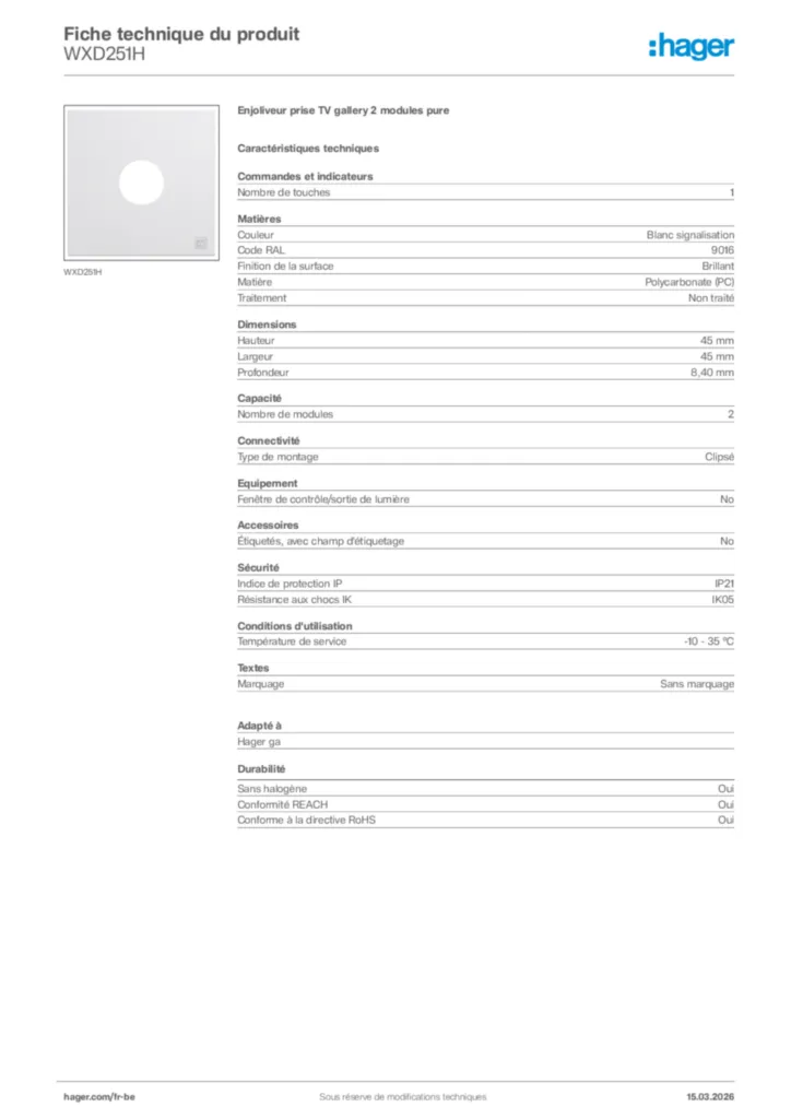 Image Hager Fiche technique du produit WXD251H | Hager Belgique