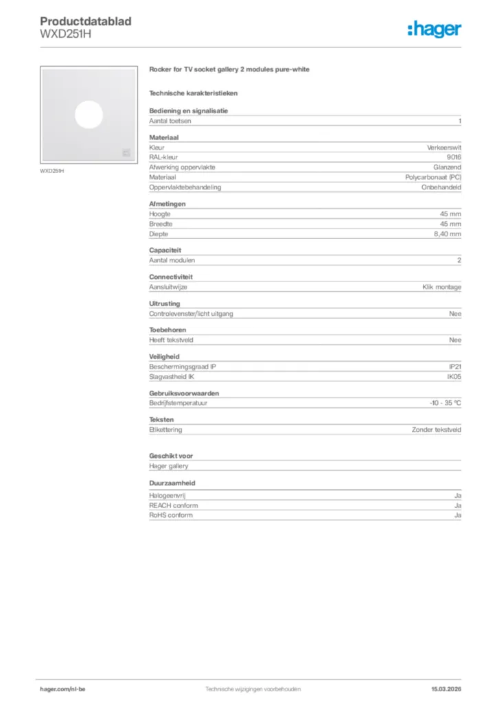 Afbeelding Hager Productdatablad WXD251H | Hager Belgium