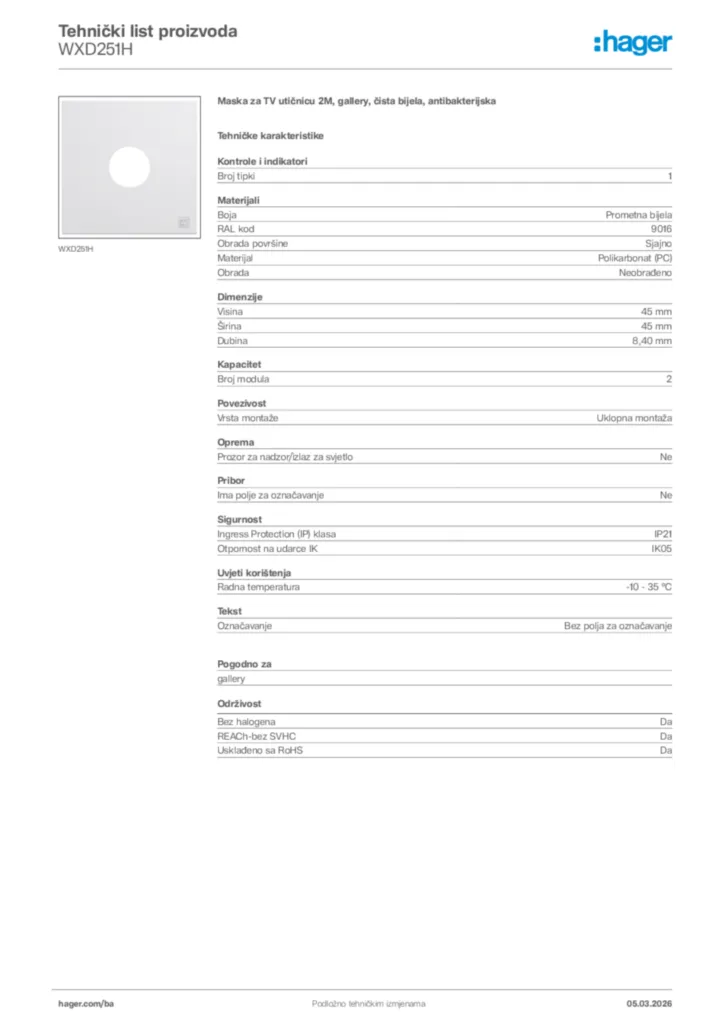 Slika Hager Tehnički list proizvoda WXD251H  | Hager