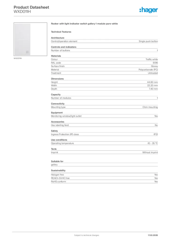 Image Hager Product data sheet WXD011H  | Hager Africa