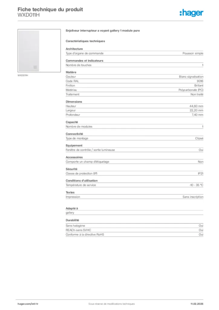 Image Hager Fiche technique du produit WXD011H | Hager Afrique