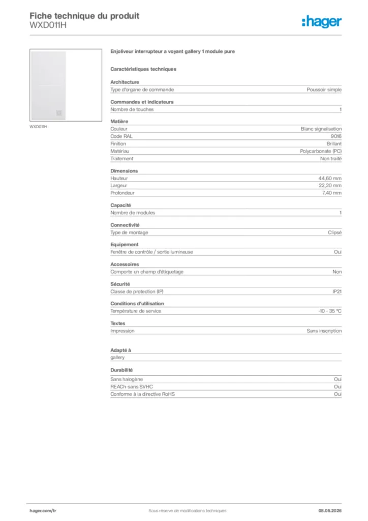 Image Hager Fiche technique du produit WXD011H | Hager France
