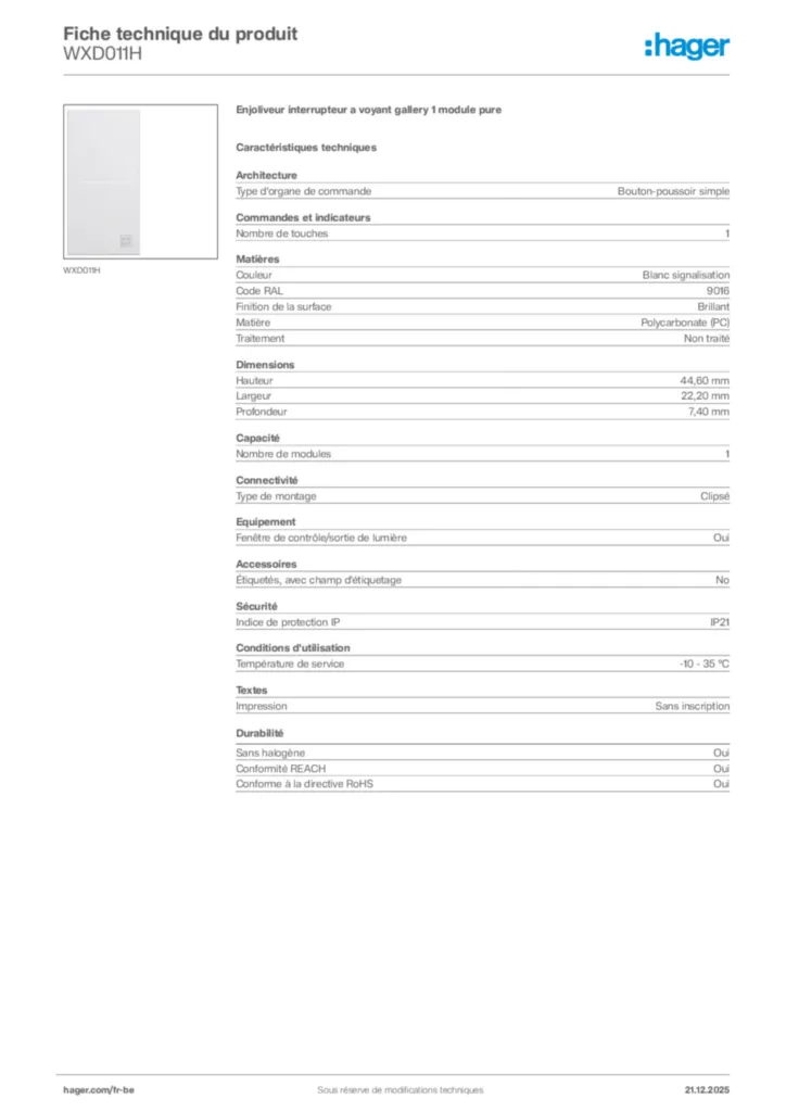 Image Hager Fiche technique du produit WXD011H | Hager Belgique