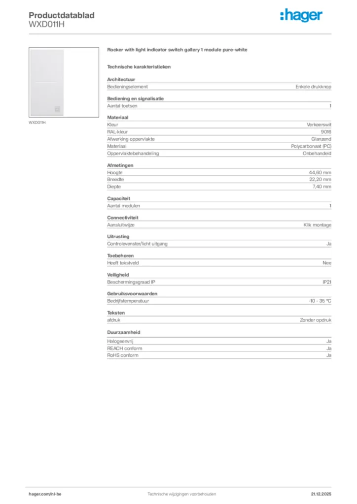 Afbeelding Hager Productdatablad WXD011H | Hager Belgium