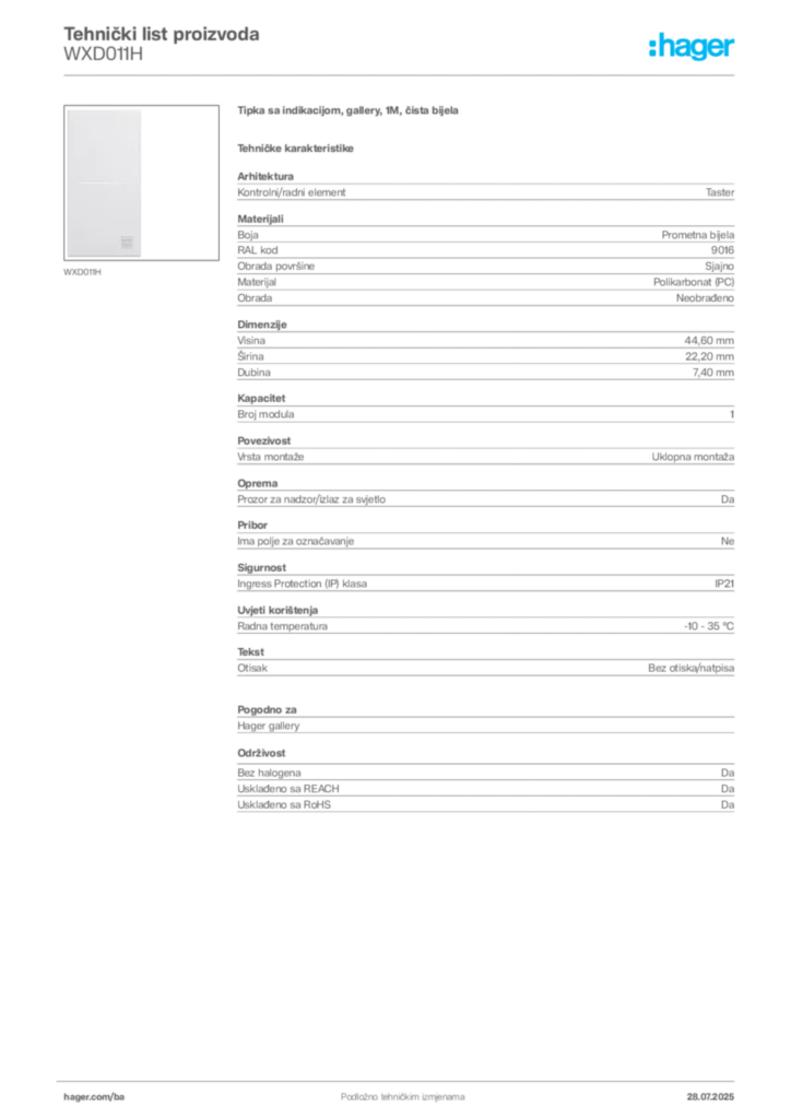 Slika Hager Product data sheet WXD011H  | Hager