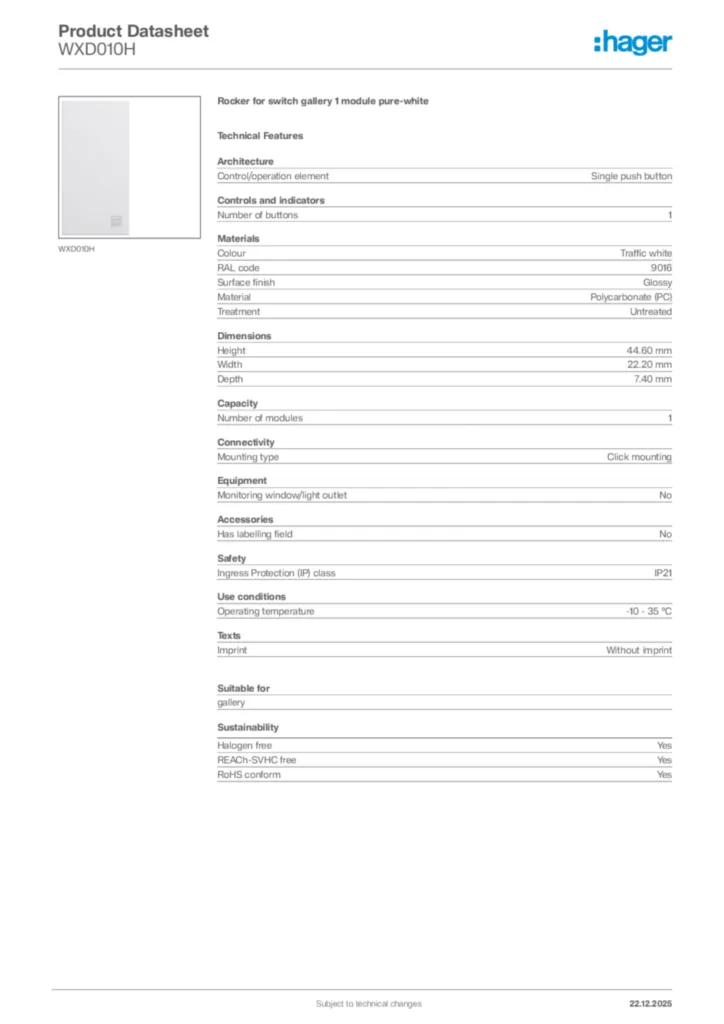 Image Hager Product data sheet WXD010H  | Hager Africa