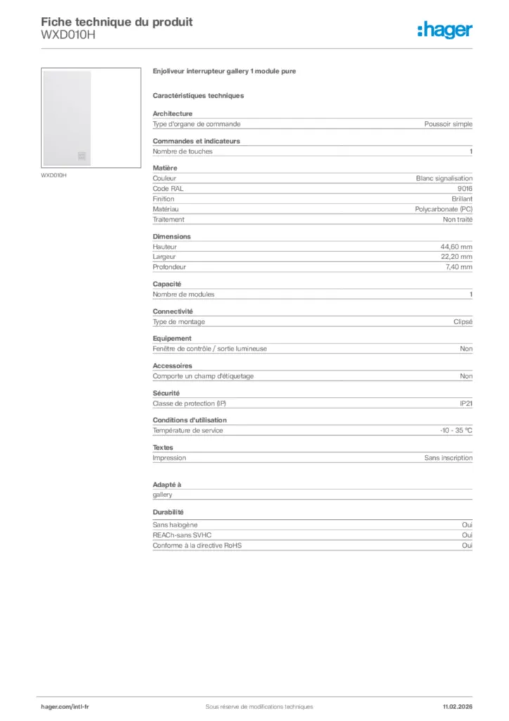 Image Hager Fiche technique du produit WXD010H | Hager Afrique