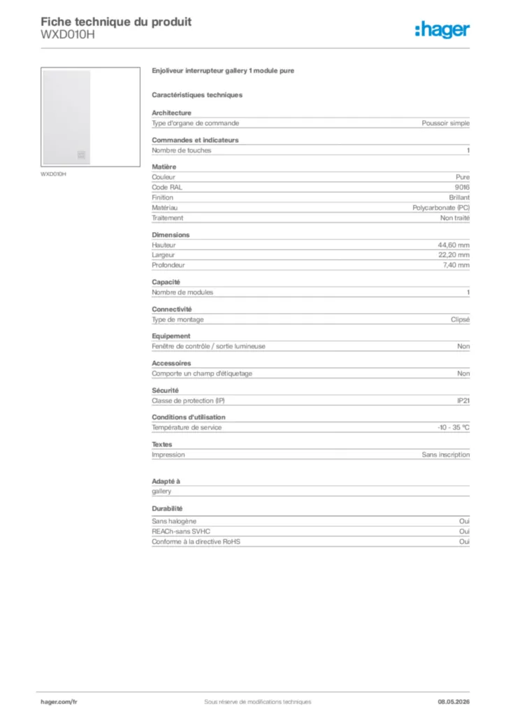 Image Hager Fiche technique du produit WXD010H | Hager France