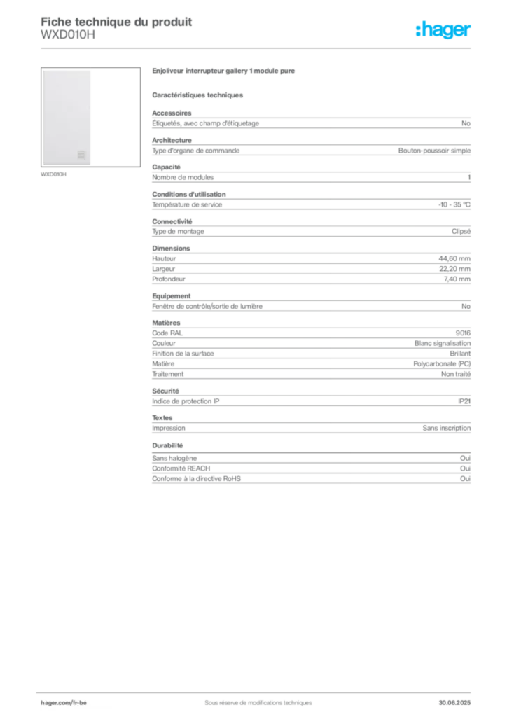 Image Hager Fiche technique du produit WXD010H | Hager Belgique