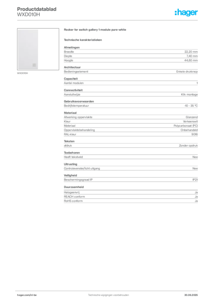 Afbeelding Hager Productdatablad WXD010H | Hager Belgium