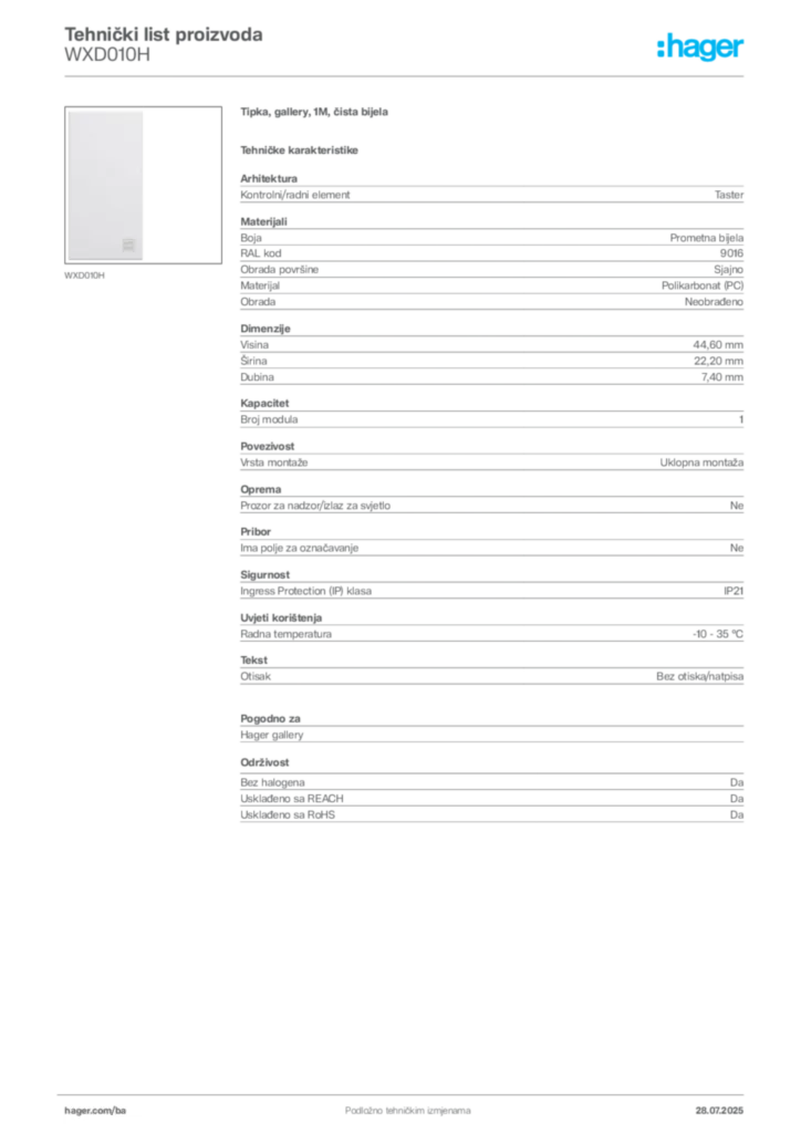 Slika Hager Product data sheet WXD010H  | Hager