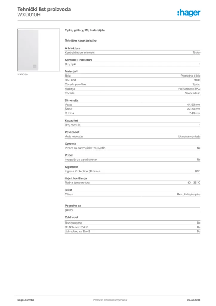 Slika Hager Tehnički list proizvoda WXD010H  | Hager