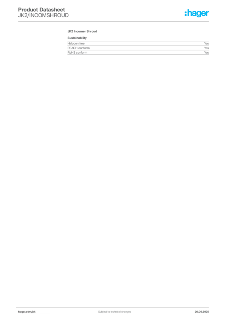 Image Hager Product data sheet JK2/INCOMSHROUD  | Hager