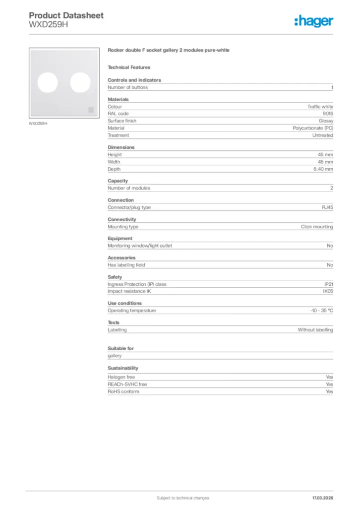 Image Hager Product data sheet WXD259H  | Hager Africa