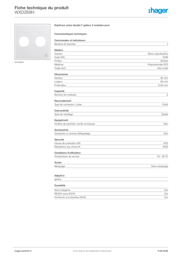 Image Hager Fiche technique du produit WXD259H | Hager Afrique