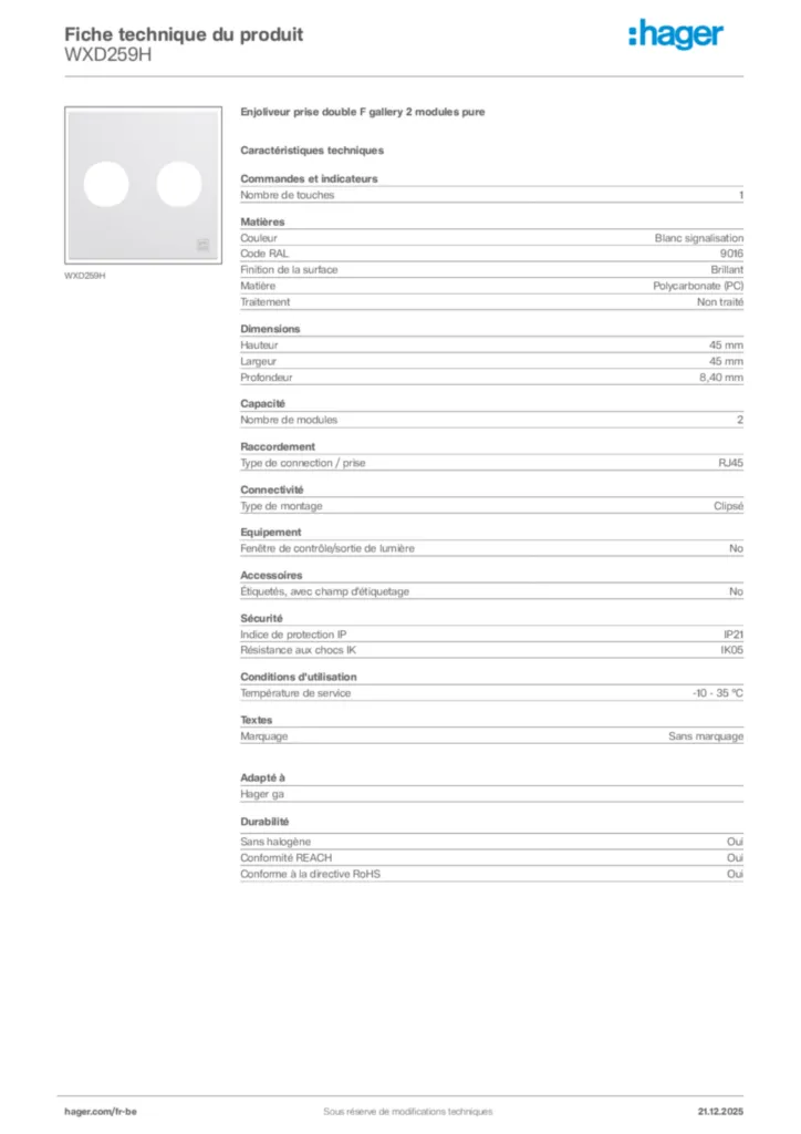 Image Hager Fiche technique du produit WXD259H | Hager Belgique