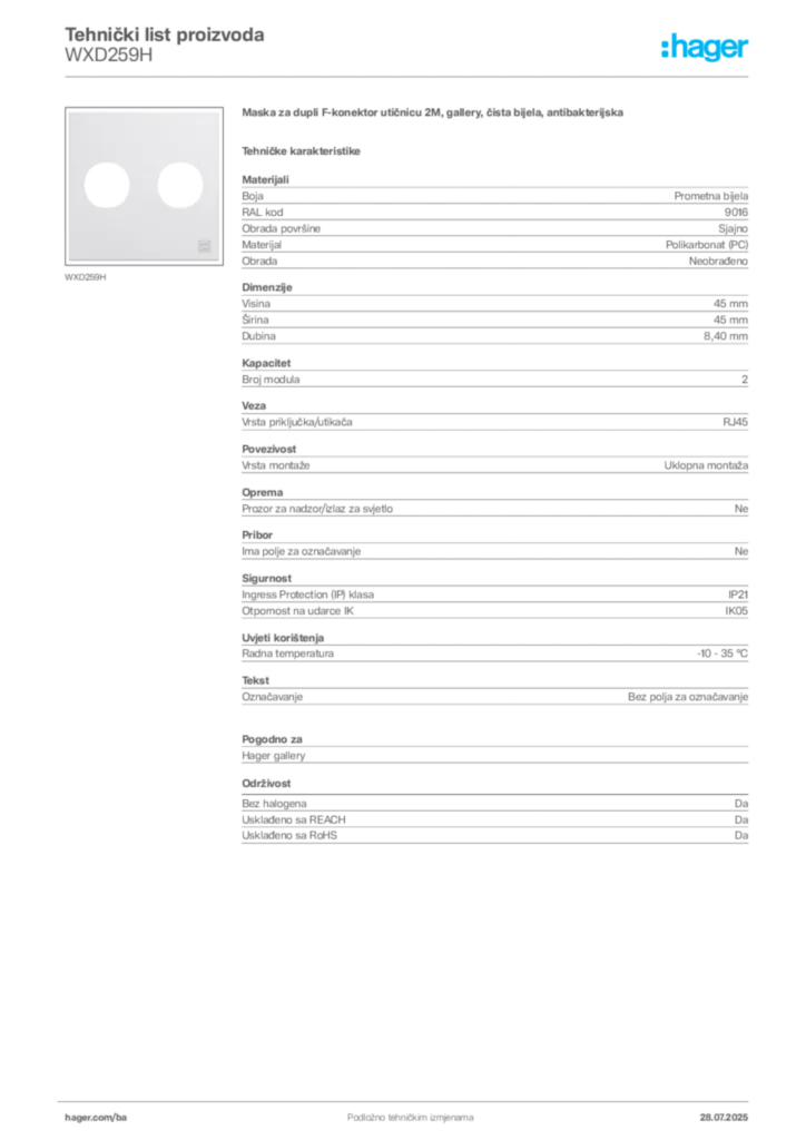 Slika Hager Product data sheet WXD259H  | Hager