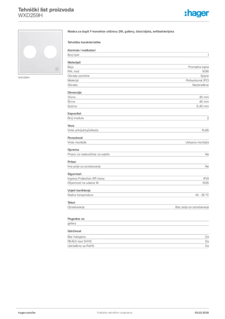 Slika Hager Tehnički list proizvoda WXD259H  | Hager