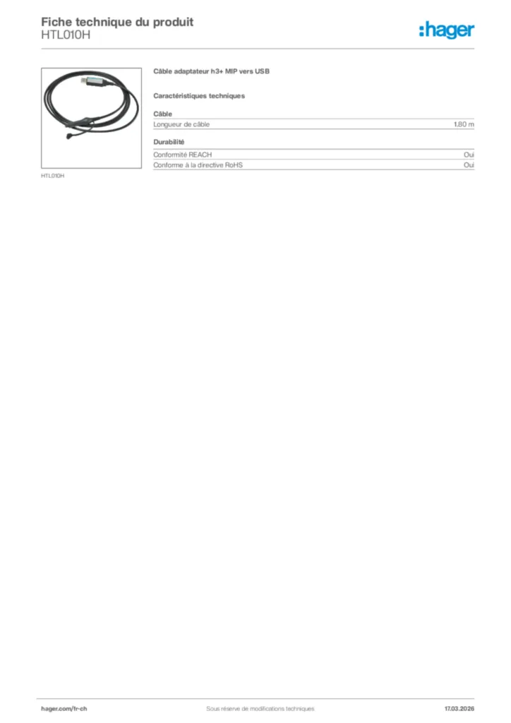 Image Hager Fiche technique du produit HTL010H | Hager Suisse
