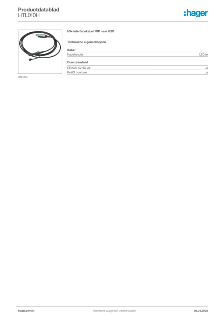 Afbeelding Hager Productdatablad HTL010H | Hager Nederland