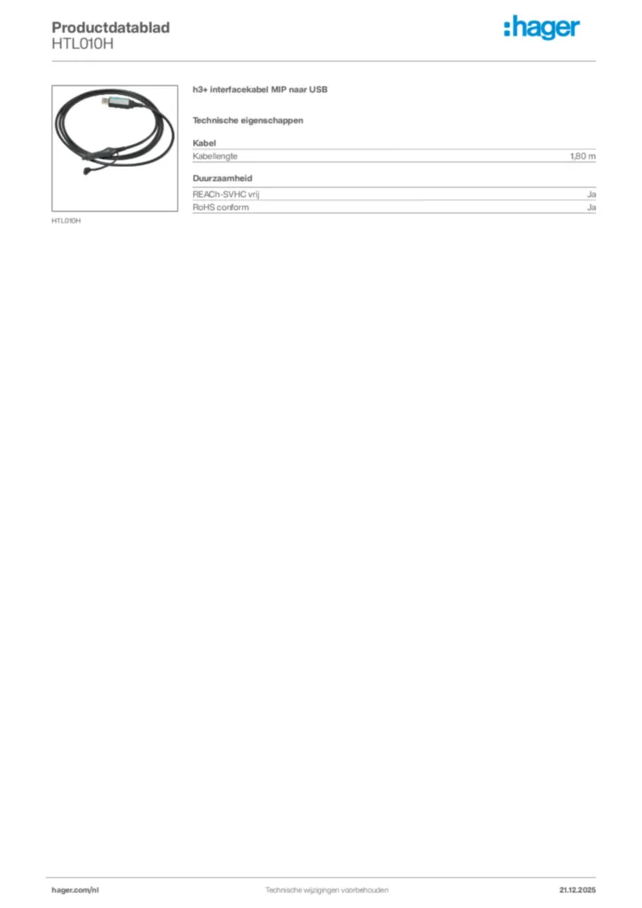 Afbeelding Hager Productdatablad HTL010H | Hager Nederland