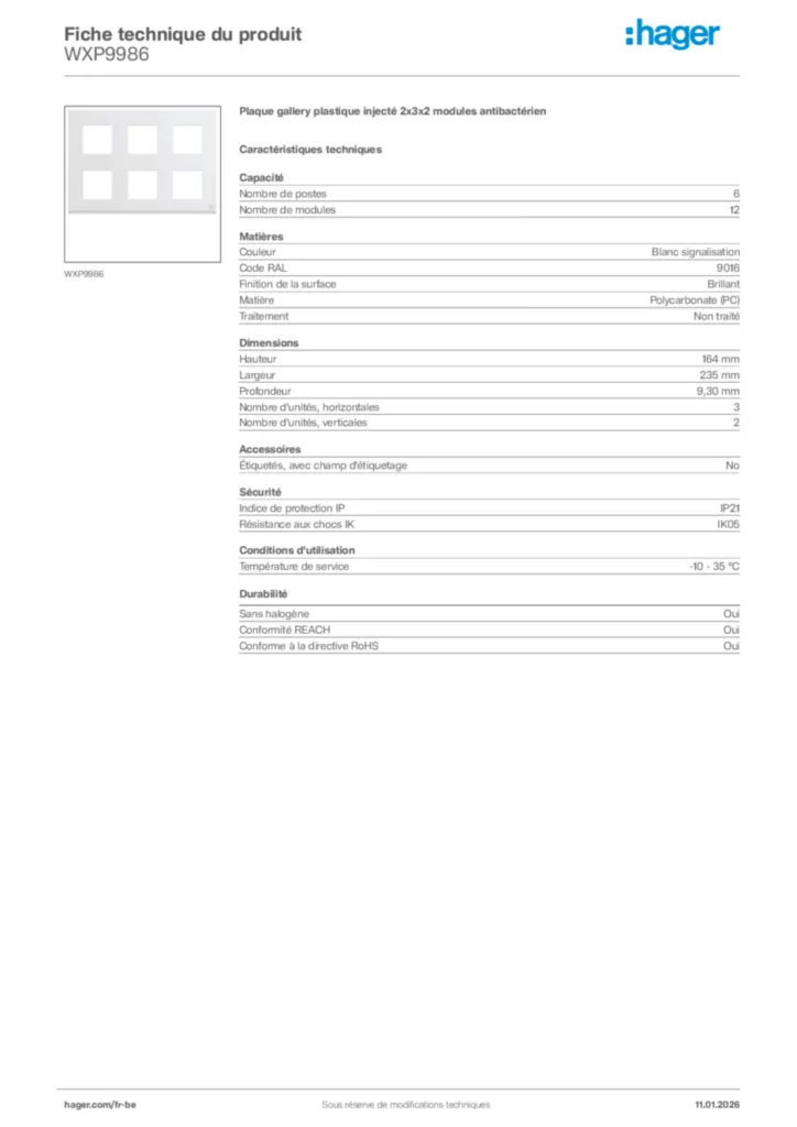 Image Hager Fiche technique du produit WXP9986 | Hager Belgique