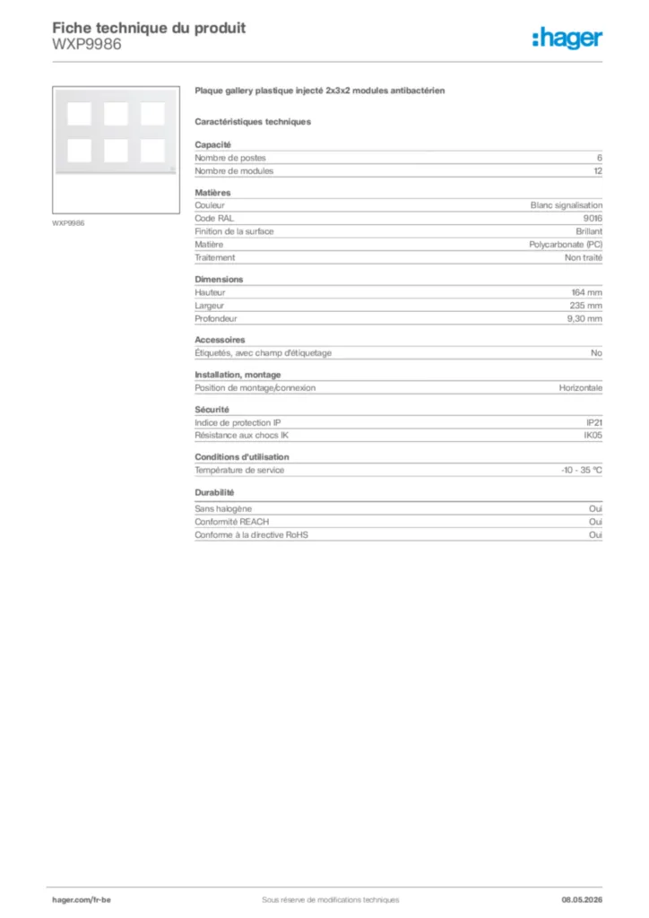 Image Hager Fiche technique du produit WXP9986 | Hager Belgique