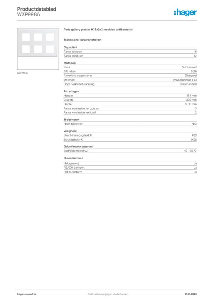 Afbeelding Hager Productdatablad WXP9986 | Hager Belgium