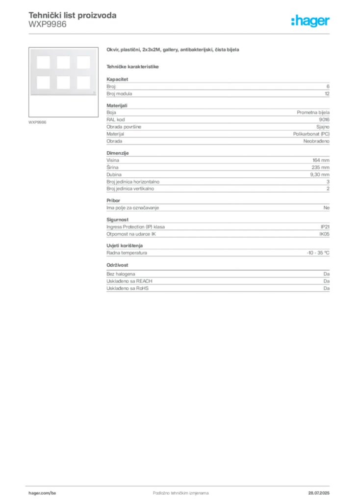 Slika Hager Product data sheet WXP9986  | Hager