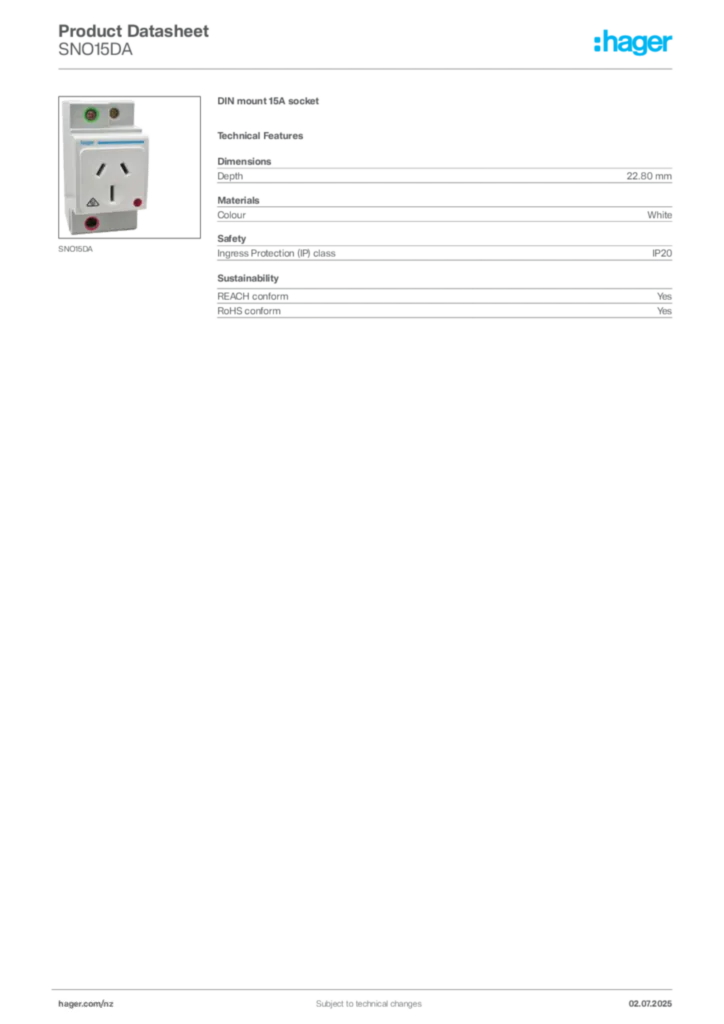 Image Hager Product data sheet SNO15DA  | Hager New Zealand