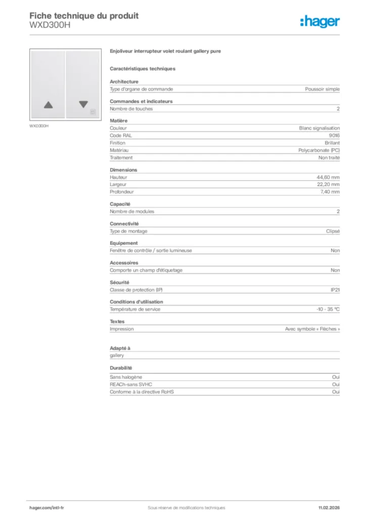 Image Hager Fiche technique du produit WXD300H | Hager Afrique