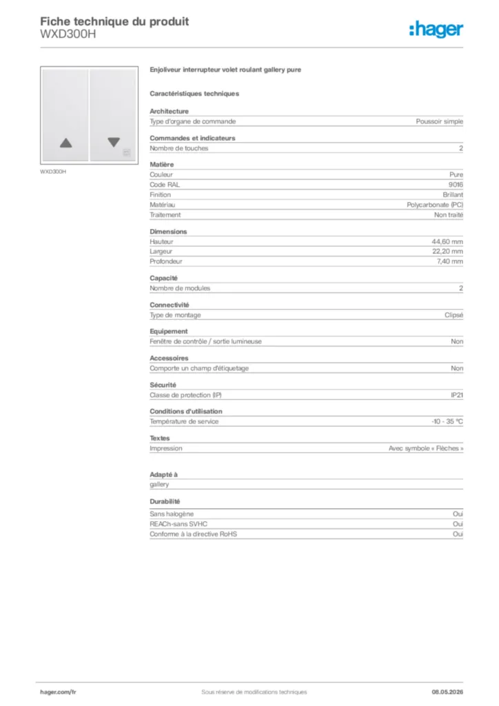 Image Hager Fiche technique du produit WXD300H | Hager France