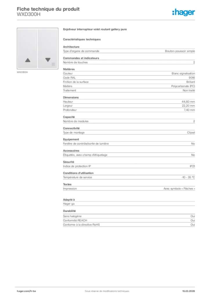Image Hager Fiche technique du produit WXD300H | Hager Belgique
