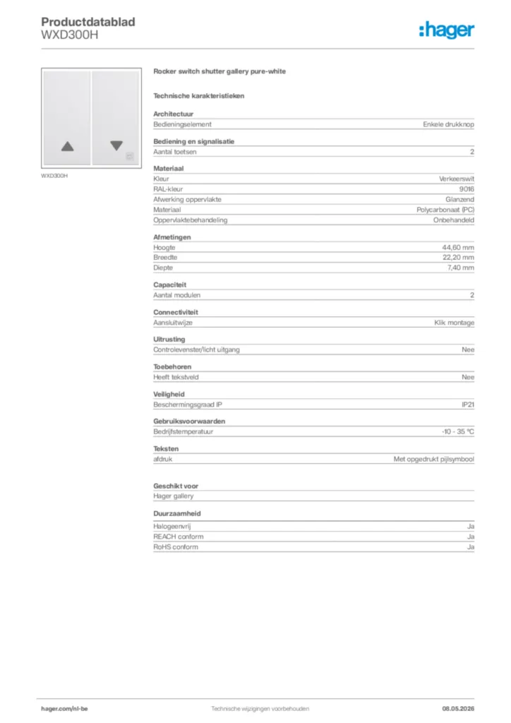 Afbeelding Hager Productdatablad WXD300H | Hager Belgium