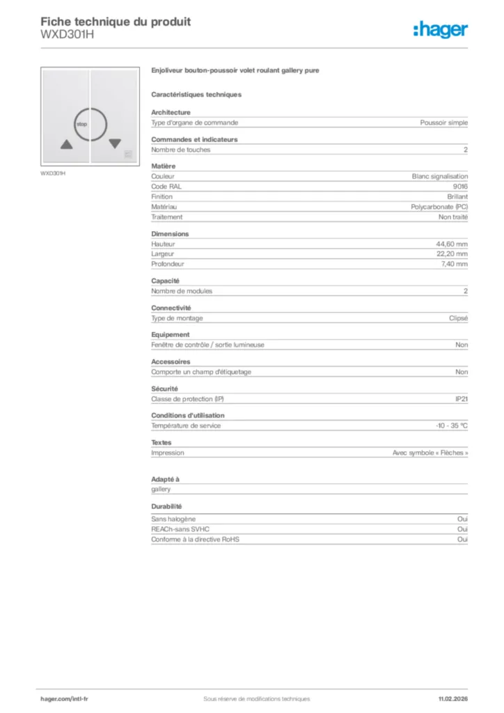 Image Hager Fiche technique du produit WXD301H | Hager Afrique