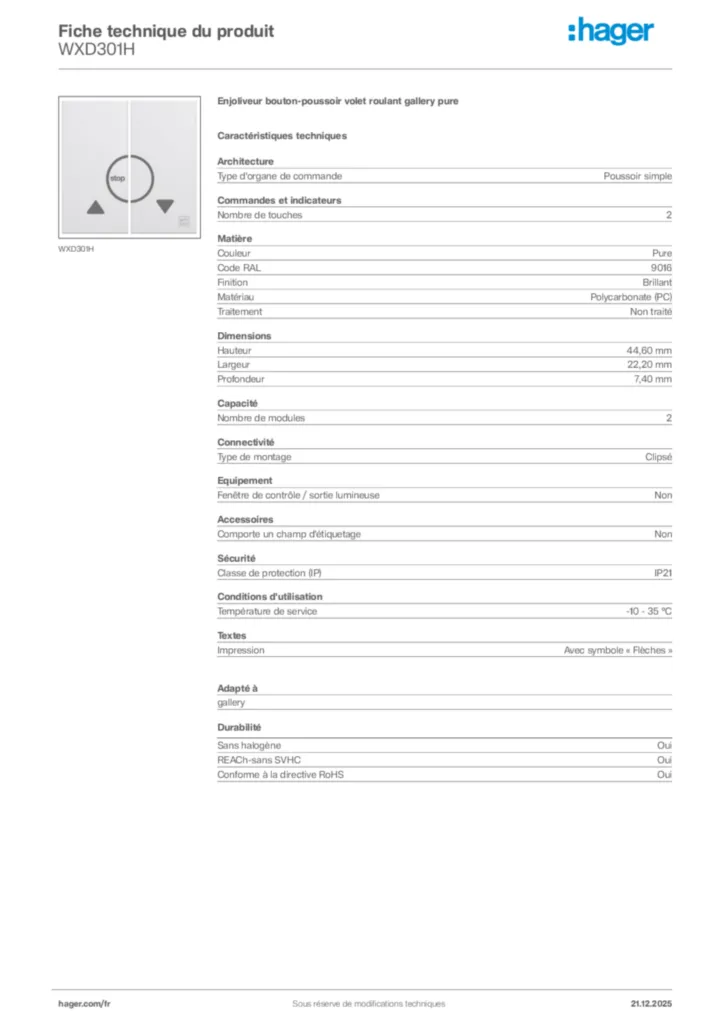 Image Hager Fiche technique du produit WXD301H | Hager France