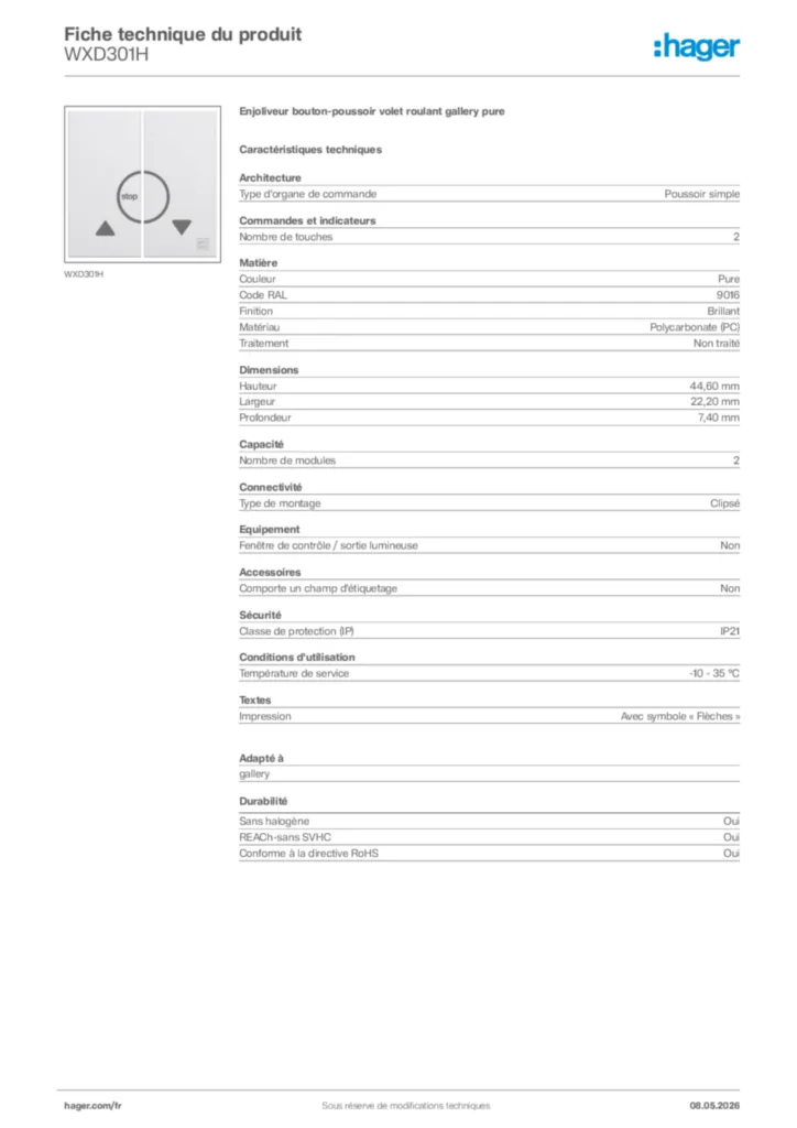 Image Hager Fiche technique du produit WXD301H | Hager France