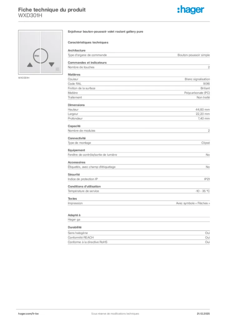 Image Hager Fiche technique du produit WXD301H | Hager Belgique