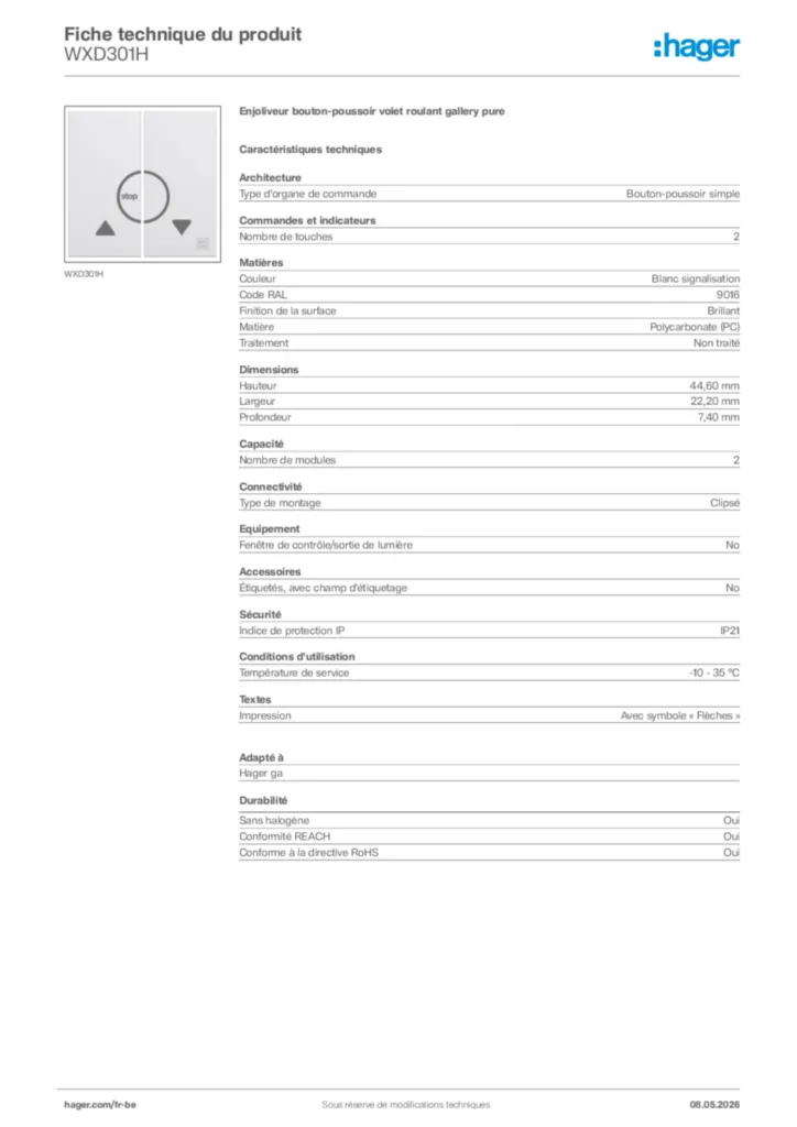 Image Hager Fiche technique du produit WXD301H | Hager Belgique