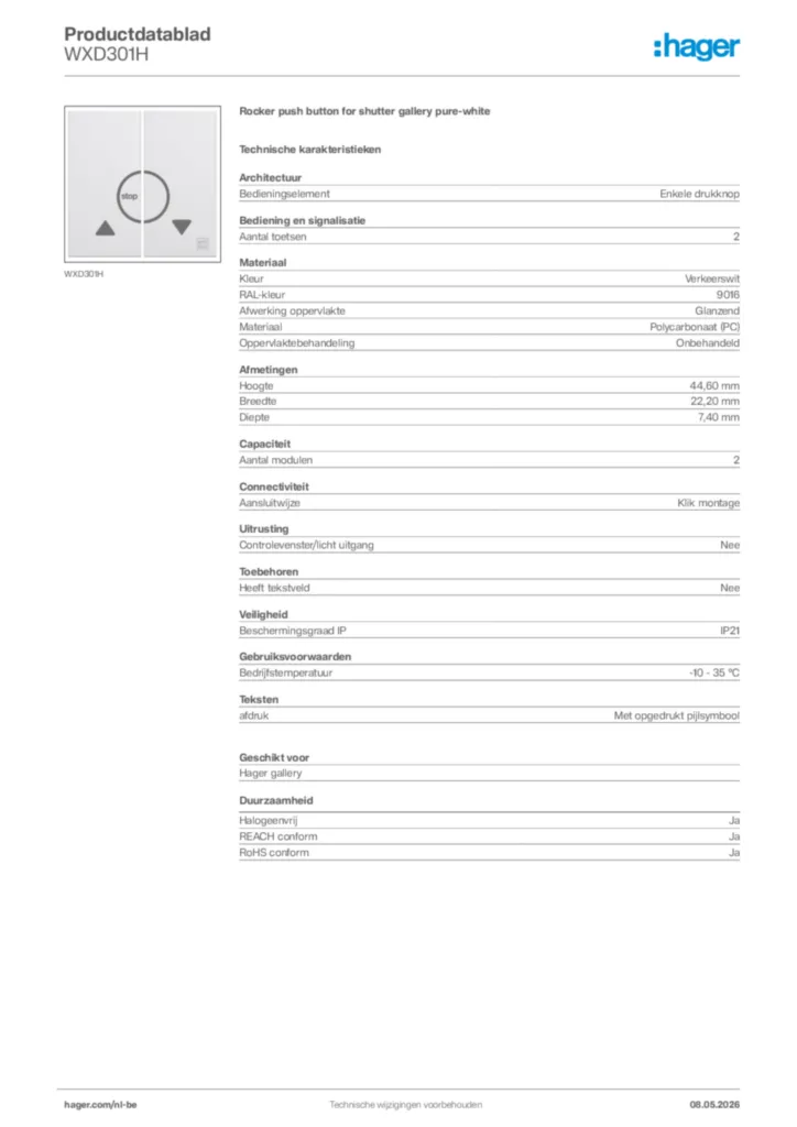 Afbeelding Hager Productdatablad WXD301H | Hager Belgium