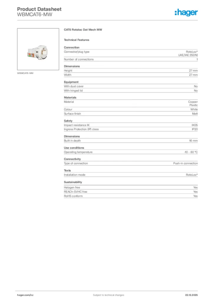 Image Hager Product data sheet WBMCAT6-MW  | Hager New Zealand