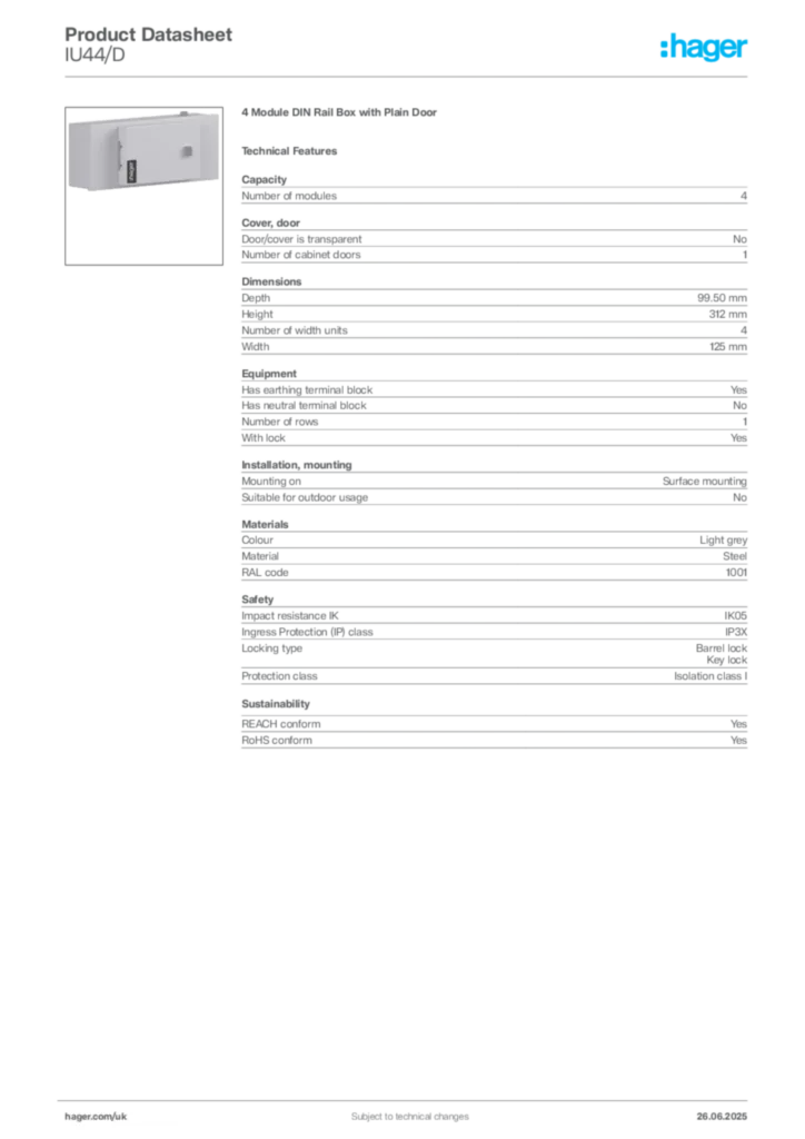 Image Hager Product data sheet IU44/D  | Hager