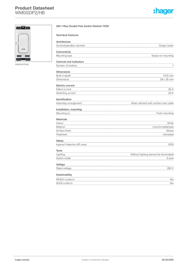 Image Hager Product data sheet WMGSDP2/HB  | Hager