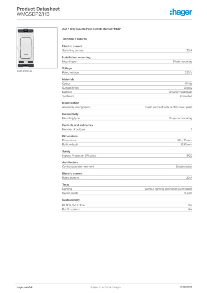 Image Hager Product data sheet WMGSDP2/HB  | Hager