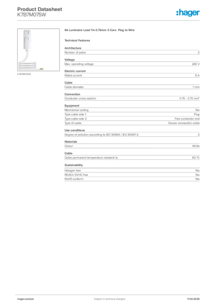 Image Hager Product data sheet K7B7M075W  | Hager