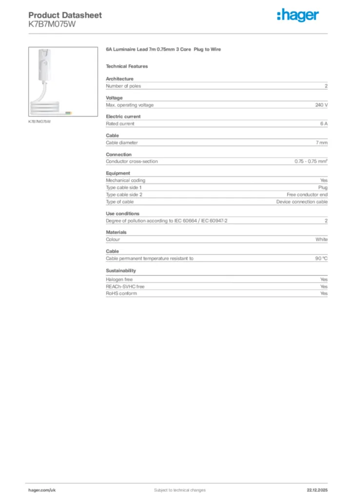 Image Hager Product data sheet K7B7M075W  | Hager