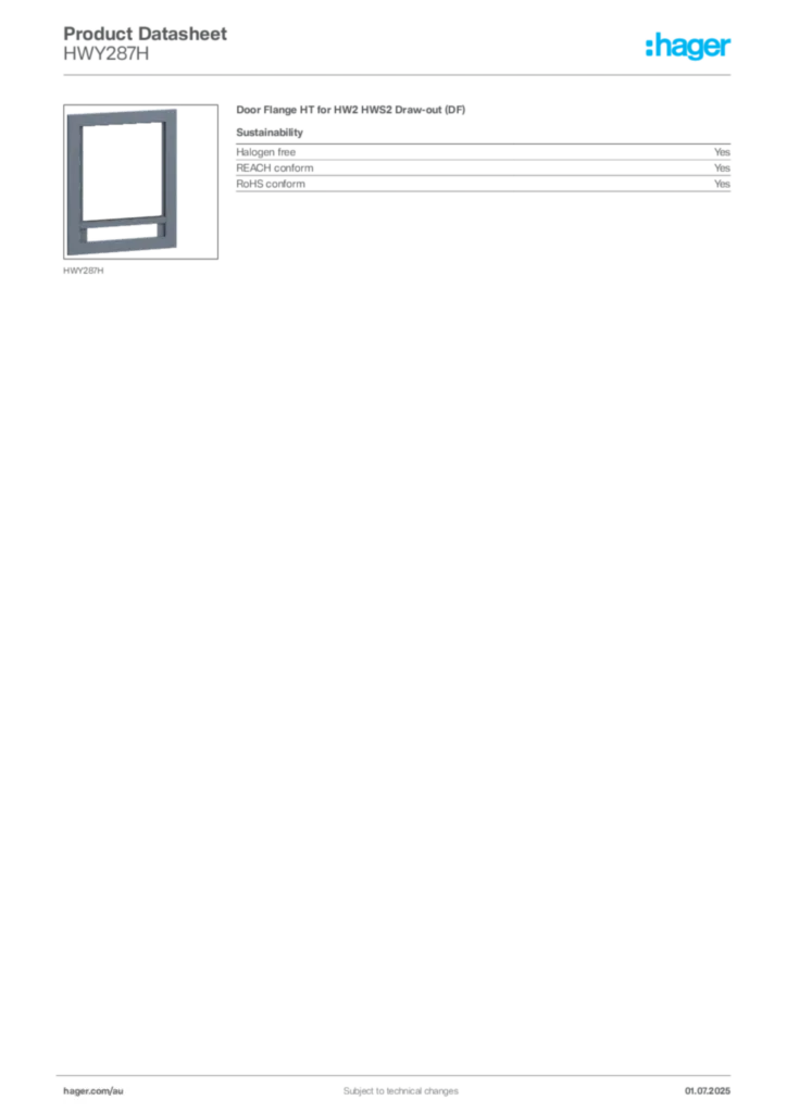 Image Hager Product data sheet HWY287H  | Hager Australia