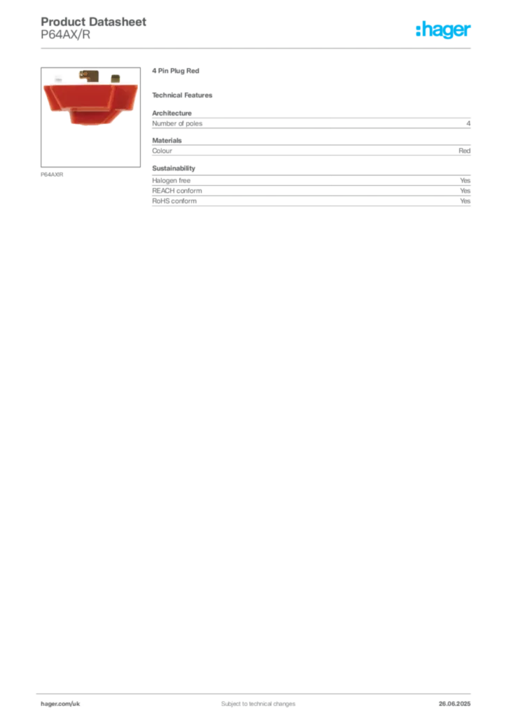 Image Hager Product data sheet P64AX/R  | Hager