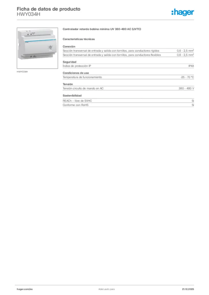 Imagen Hager Ficha de datos de producto HWY034H | Hager España